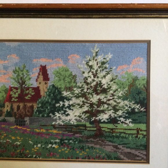 Beautiful embroidery needlework yarn art picture house tree blossom wood framed - Picture 3 of 7